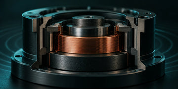 Cross-section of a high-fidelity tactile transducer showing the copper voice coil, magnet assembly, and machined housing, lit with teal rim light on a dark background.
