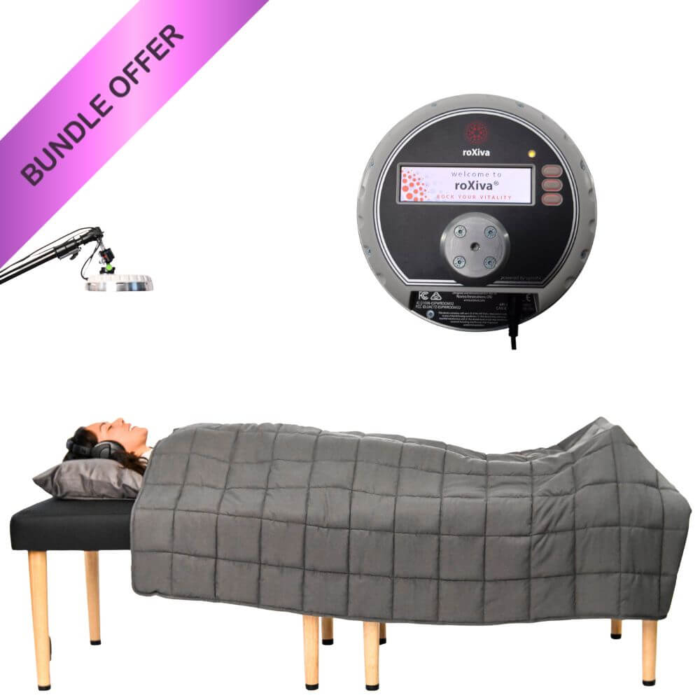 Zenthesia™ + roXiva® Immersive Cyberdelic Bundle featuring vibroacoustic sound therapy bed and stroboscopic lamp.