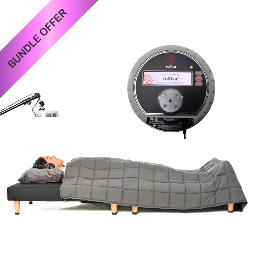 Zenthesia™ + roXiva® Immersive Cyberdelic Bundle featuring vibroacoustic sound therapy bed and stroboscopic lamp.
