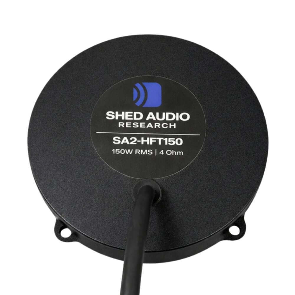 Shed Audio SA2-HFT150 high-fidelity tactile transducer with 150W RMS and 4 Ohm rating.