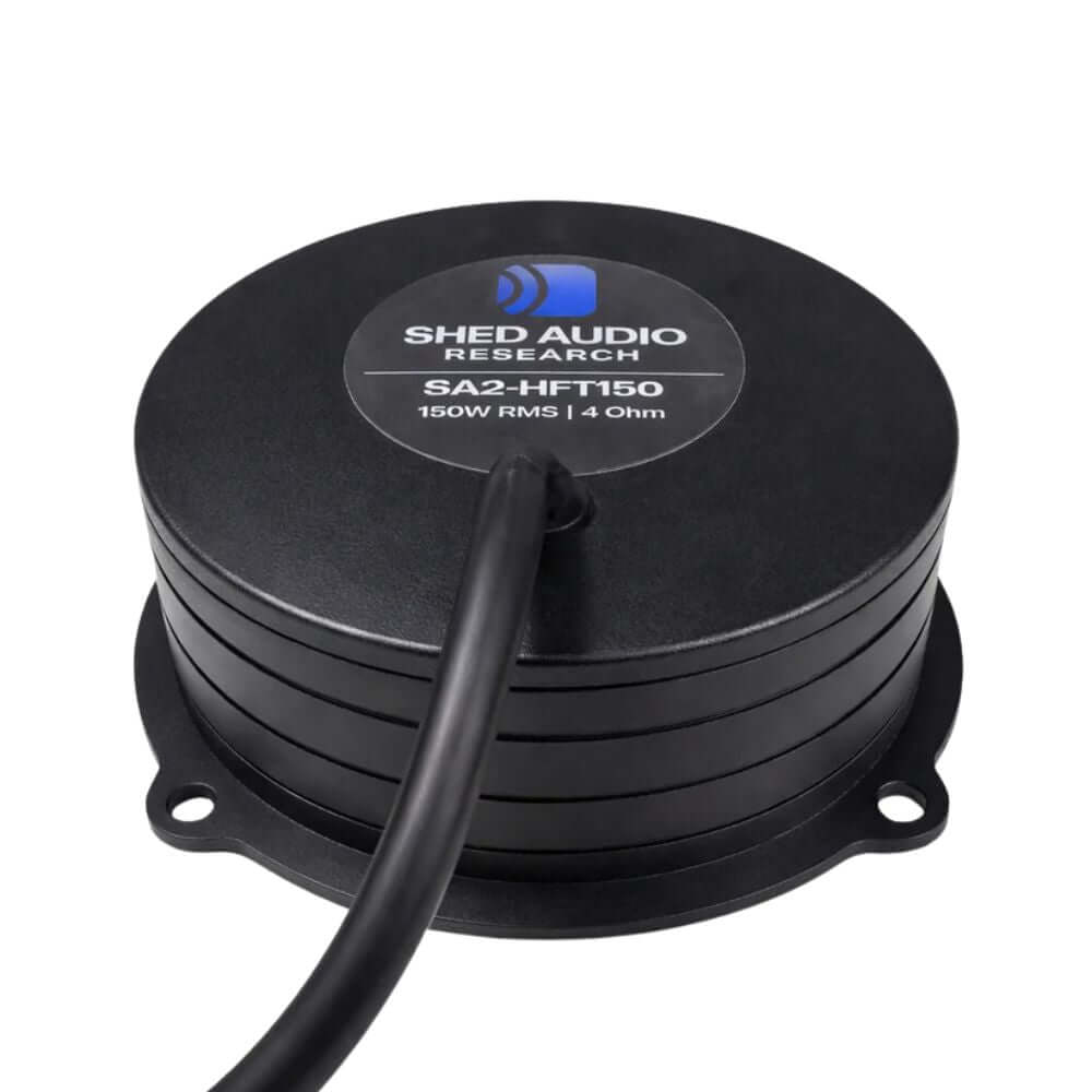 Shed Audio SA2-HFT150 tactile transducer top view, showcasing 150W RMS and 4 Ohm specifications.